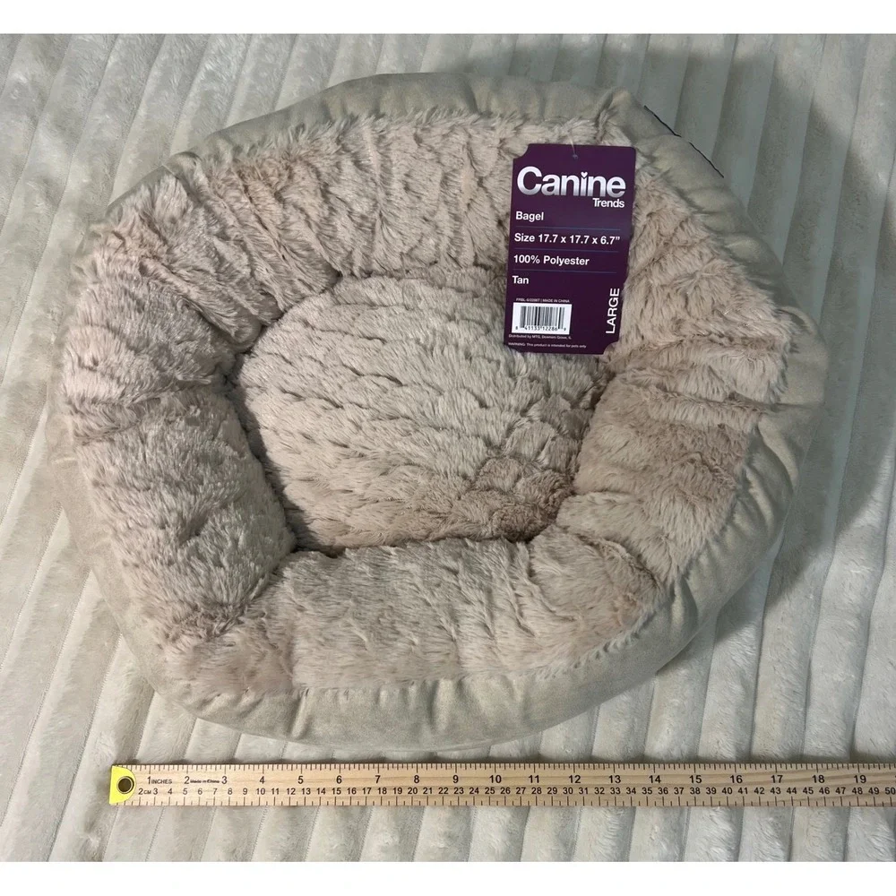 Canine Trends Bagel Pet Bed Tan Faux‎ Fur Bolster Round Small Dog Cat 18in NEW